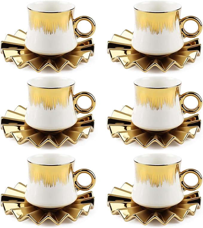 3.5oz Ceramic Turkish Coffee Cup Set of 6, Porcelain Espresso Cups and Saucers British Italian Cappuccino Cups with Gold Trim for Double Espresso Cappuccino Latte Mocha Tea (White)