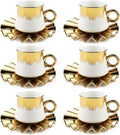 3.5oz Ceramic Turkish Coffee Cup Set of 6, Porcelain Espresso Cups and Saucers British Italian Cappuccino Cups with Gold Trim for Double Espresso Cappuccino Latte Mocha Tea (White)