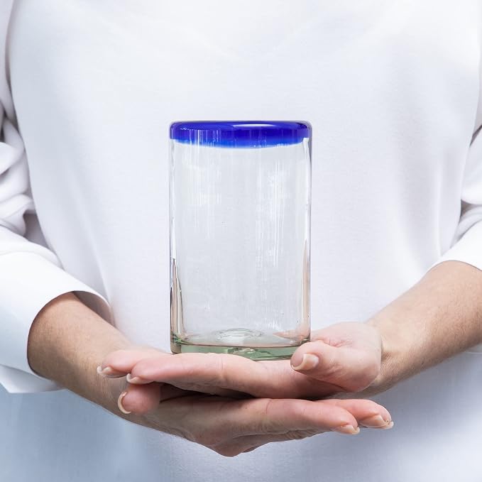 15 oz Hand Blown Mexican Drinking Glasses - Set of 6 tumblers, 15 fl oz each, Cobalt Blue Rim