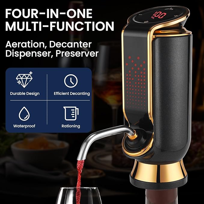 BLUBYEES Luxurious 4-in-1 Electric Wine Aerator, Decanter, Dispenser & Vacuum Saver with LED Display - Wine Pourer Gift for Women and Wine Lovers
