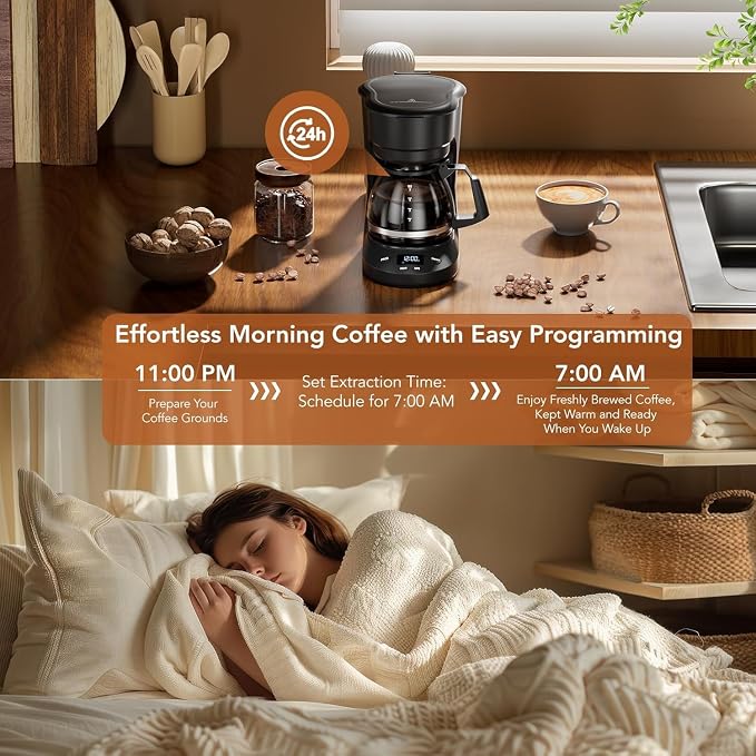 Electactic 5 Cup Programmable Drip Coffee Maker, 24H Delay Brew, 2H Keep Warm & Auto Shut Off, Pause & Serve, Reusable Filter, Glass Coffee Pot, Small Coffee Machine for Home Office