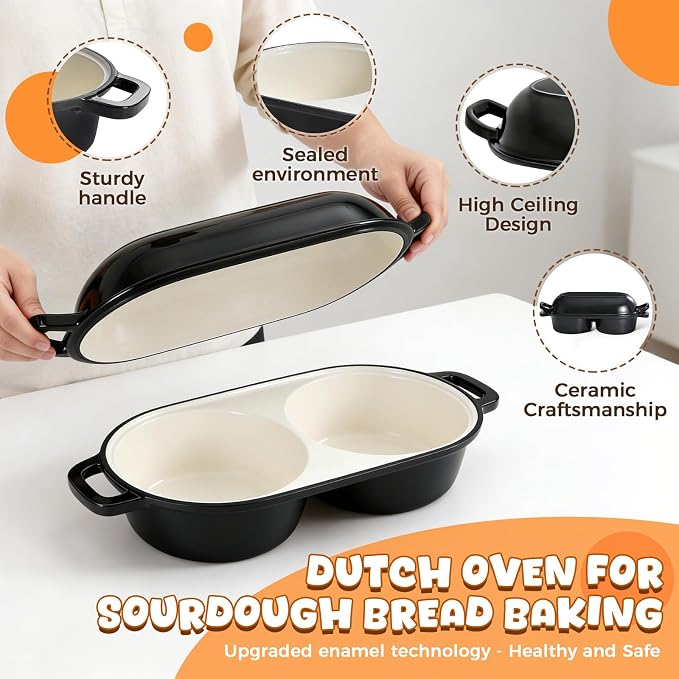 Mini Double Dutch Oven for Sourdough Bread Baking, 2.2QT (Black) | Enamelled Cast Iron Bread Pan with Lid, Double Round Loaf Space, 16.5cm Diameter, Mini Double Dutch Oven for Homemade Baking