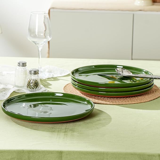 Ceramic Dinner Plates, 10.25 Inch, Set for 4, Elegant Green | Flat Dish Design, Microwave & Dishwasher Safe, Perfect for Family and Entertaining, For Steak, Sandwiches, Pizza, Pasta