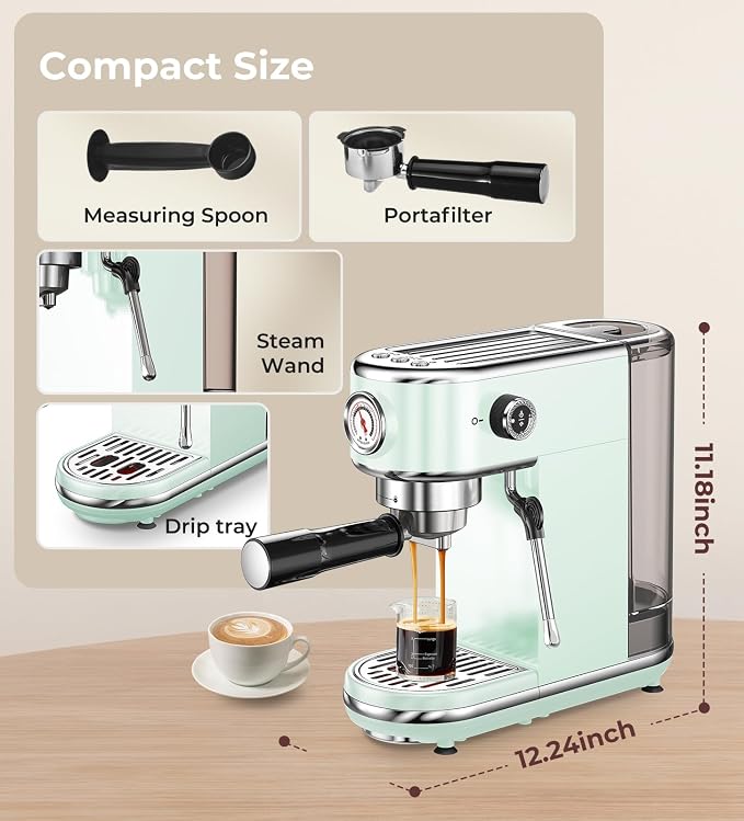 atatix 20 Bar Espresso Machine with Milk Frother, Compact Espresso Maker, Stainless Steel Coffee Machine with Precise Temp Control & 44oz Removable Water Tank for Latte, Cappuccino, Light Green