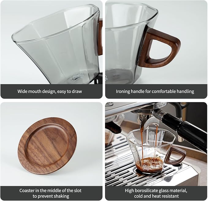Bincoo Glass Mug with Wooden Handle and and Saucer Set-280ML Glass Coffee Cup Heat Resistant Lightweight Tea Mugs Ideal for Home, Cafe, Coffee Bar(Grey)