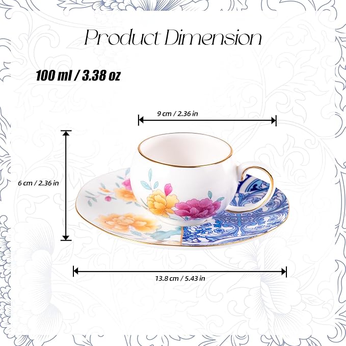 KAMMAK Tea Cups and Saucers Set of 2, Fine Bone China Coffee Cups, Stackable Espresso Mugs, Ceramic Demitasse for Coffee, Cappuccino, Latte, Americano, Tea, Blueprint of Prosperity (Medium)
