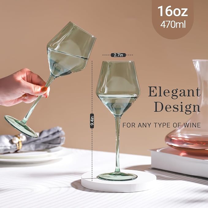 Sage Green Wine Glasses Set 6-16oz, Long Stem - Hand Blown Pale Sage Green Stemware for Wedding Deco