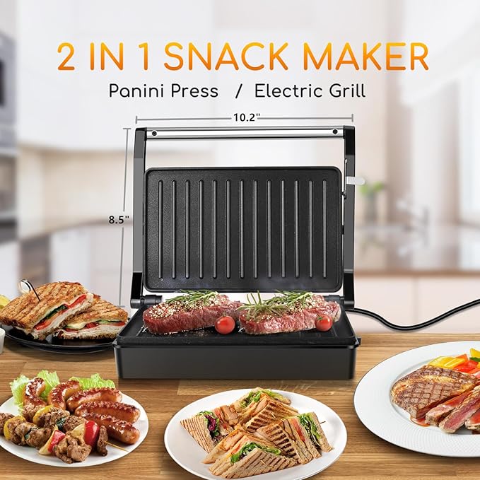 Aigostar Panini Press Grill Sandwich Maker with Non-Stick Double-Sided Heating Sandwich Press, Indicator Light, Locking Lid, Cool Touch Handle