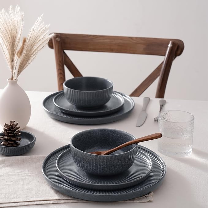 Famiware Starlight 12-Piece Plates and Bowls Sets for 4, Stoneware Dinnerware with Ribbed Textured, Handcrafted Reactive Glaze Dishes - Dishwasher & Microwave Safe, Chip/Scratch Resistant, Matte Grey