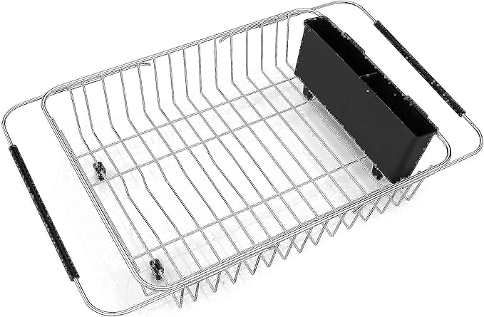 iPEGTOP Expandable Dish Drying Rack, Over The Sink Dish Rack, in Sink Or On Counter Dish Drainer with Black Utensil Holder Cutlery Tray, Rustproof Stainless Steel for Kitchen