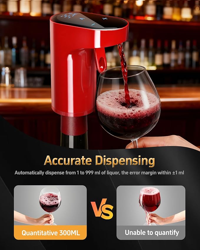 Mothers Day Gift Essential,5-in-1 Electric Wine Decanter & Smart Liquor Dispenser,Automatic Aerator&Pourer with 1-999ml Precision Dosing | Gift for Mom,Women,Dad,Wine&Whiskey Lovers,Birthday(Red)