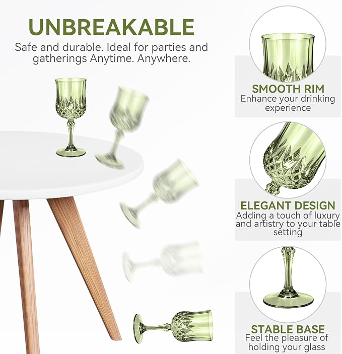 Sliner 48 Pcs 7oz Plastic Vintage Wine Glasses Drinking Goblets Unbreakable Crystal Water Glassware Reusable Diamond Champagne Flutes Cups for Wedding Banquet Birthday Party Supplies (Green)
