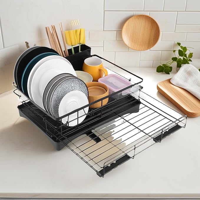 Dish Drying Rack Expandable Rack for Kitchen Counter, Carbon Steel Dish Racks Rust-Proof Large Capacity Dish Drainer with Utensil Holder, Space Saving for Bowls, Plates & Cups, Black
