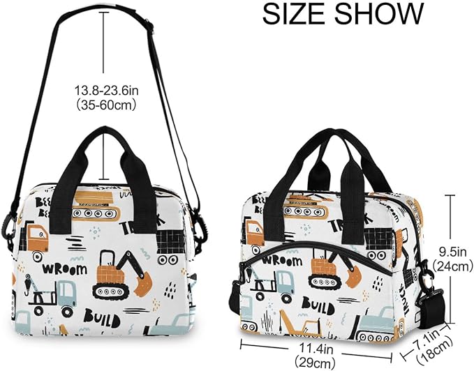 OREZI Reusable Lunch Bag for Girls Boys Women Men,Funny Construction Transport Car Lunch Box Container with Detachable Shoulder Strap,Insulated Lunch Coolers for School Office