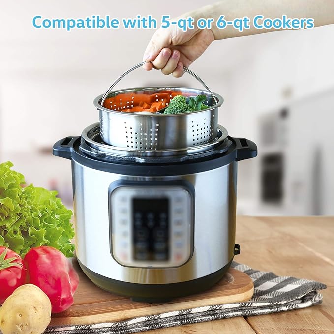 Steamer Basket for instant Pot Pressure Cooker, Accessories Set Compatible with 5/6/8 Qt InstaPot -18/8 Stainless Steel Strainer Insert with Silicone Handle,Divider,Egg Steamer Rack, 6 Quart
