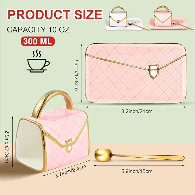 Zubebe 2 Sets Coffee Mug Elegant Handbag Shaped Cup Modern Ceramic Purse Mug with Spoon and Saucer, 10oz Cute Creative Tea Cup for Woman Girls Gift (Pink,White)