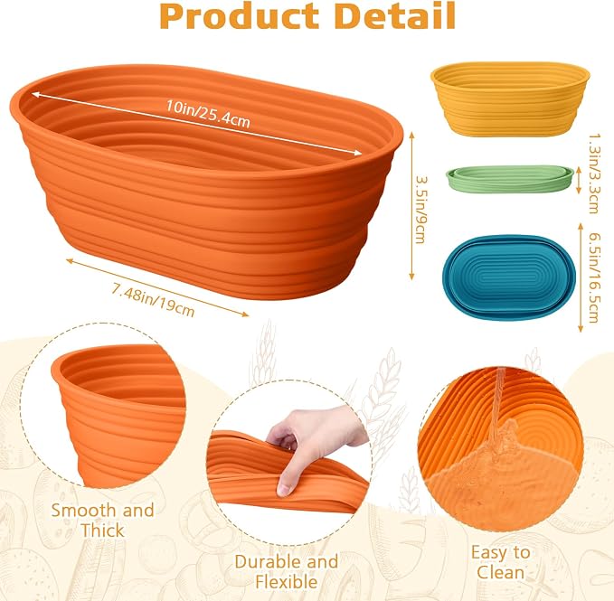 Honeydak 4 Pcs Silicone Bread Proofing Baskets Oval Banneton Basket 10" Collapsible Sourdough Bread Baking Supplies Non-stick Dough Proofing Bowls Container Oven Safe for Breads Making (Retro Color)
