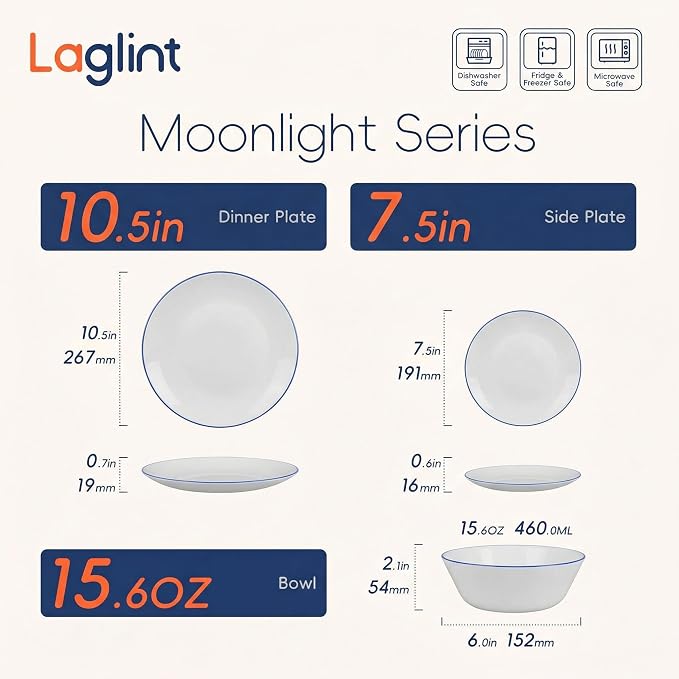 Dinnerware Sets for 4, LaGlint 12 Pieces Opal Glass Plates and Bowls Set, Dishwasher and Microwave Safe Dish Dinning Ware Set, Chip and Scratch Resistant Dishware Sets Hand Painted Navy Blue Rim
