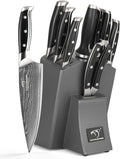 Damascus Kitchen Knife Set with Block, 9-Piece 67-Layer VG10 Damascus Steel Knife Set with Triple-Rivet Handles, Chef, Santoku, Utility, Bread & Paring Knives, Sharpener, Shears, Grey
