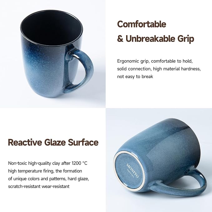 MONITO Large Ceramic Coffee Mugs Set with Handle for Tea/Latte/Cappuccino/Milk/Cocoa, Ice-Snow Blue 14oz, Set of 6, Funny Tea Cups for Office and Home