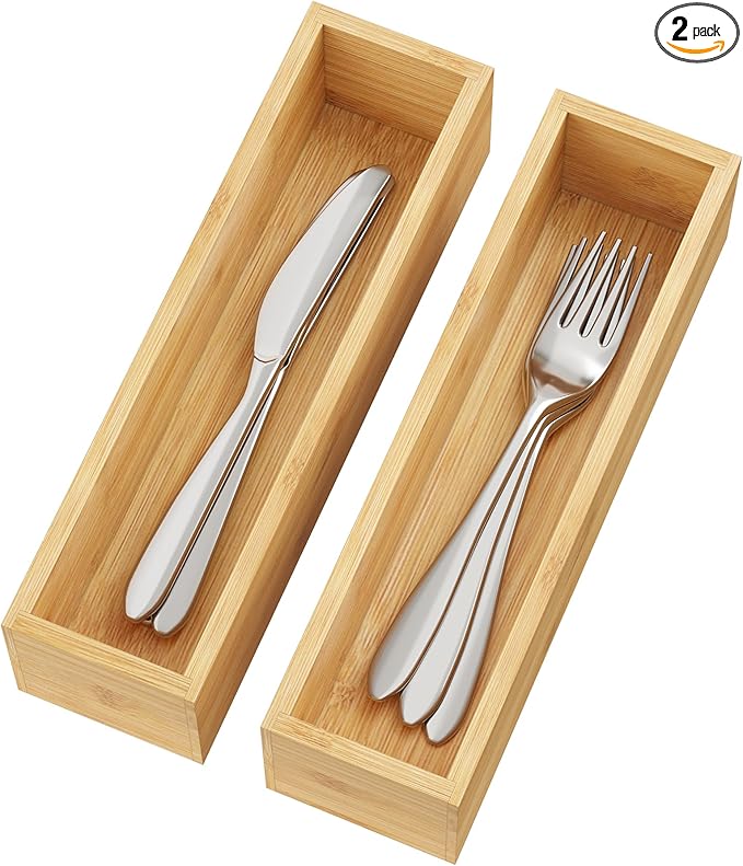 BAMEOS Kitchen Drawer Organizer,Small Silverware Drawer Organizer,Bamboo Utensil Organizer for Bathroom, Dressing Room, Office, Pantry (Natural, 11"x 3") Set of 2