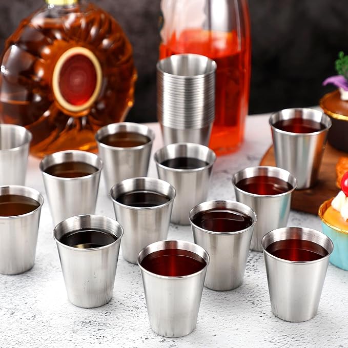 Lallisa 2 oz Stainless Steel Shot Glasses Metal Cups Small Unbreakable Shot Glass for Espresso Whiskey Bar Home Restaurant Camping Barware Gift (Silver,100 Pcs)