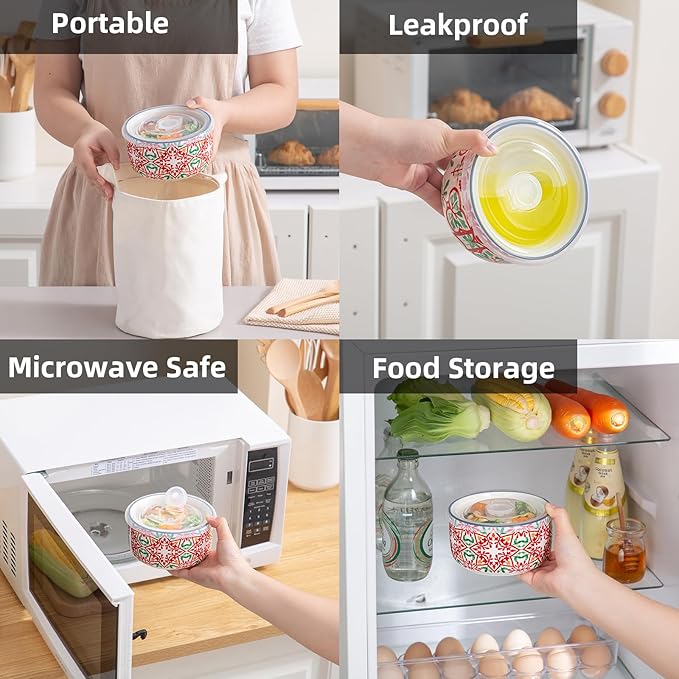 Ceramic Bowls Set with Lids: Set of 4 Microwave Safe Bowls for Soup Meal Prep Cereal Salad Fruit - Food Storage Containers with Lids for Work Lunch Pinic Camping - Pattern A3