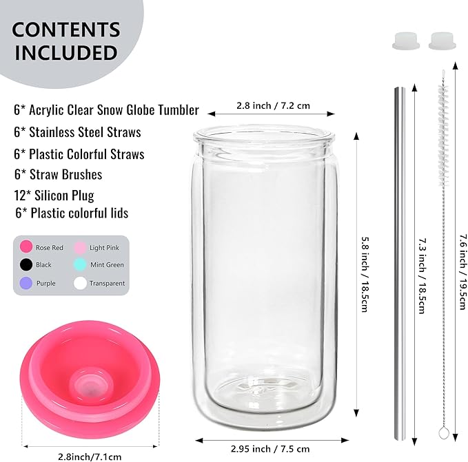 16 oz Plastic Snow Globe Tumbler Double Wall Snowglobe Tumbler with Pre Drilled Hole Can with Lids and Straws Plastic Mason Jar Mug for Snow Globe Glitter DIY Gift