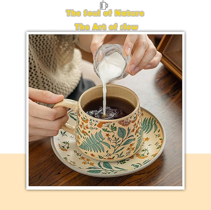 Ceramic Coffee Latte Mug and Saucer Set Cute Cup with Saucer for Women Ideal for Green Tea or Coffee Hand Painted Floral Design Pottery Set（Summer’s Whisper）