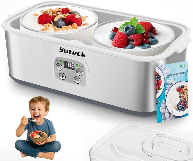 Suteck Yogurt Maker with Glass Jar- Stainless Steel Yogurt Machine with Adjustable Time & Temp Control, Homemade Greek, Probiotic Yogurt, BPA-Free 2 Yogurt Bowls (2 Quart)