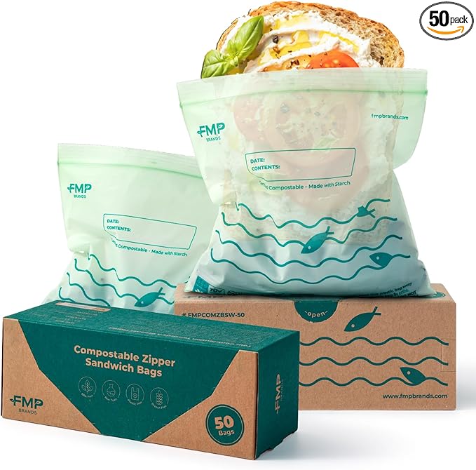 Fit Meal Prep 50 Pack 100% Compostable Sandwich Bags, 6.5 x 6.7" Resealable Food Storage Freezer Bags, Eco Friendly Snack Bags for Travel, ASTM D6400, US BPI & EU OK Compost Certified