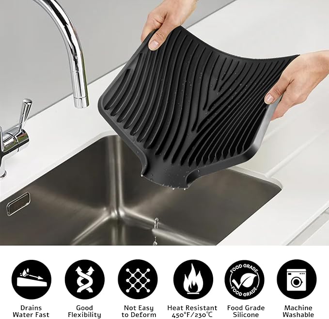 TIKNIK Silicone Dish Drying Mat, Stone Drying Mat for Kitchen Counter with Built-In Drain, Non-Slip Drain Pad with Built-in Drain, Heat Resistant Stone Drying Mat, Hangable, Black-2pcs, 16" x 12"