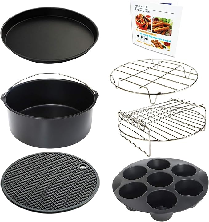 9 Inch Air Fryer Accessories XL 7 PCS with Cupcake Pan, Pizza Pan, Silicone Baking Cup, Recipe Cookbook for 9 Inch 5.3Qt - 6.8Qt and Larger Size Phillips Air Fryer Pressure Cooker Steamer