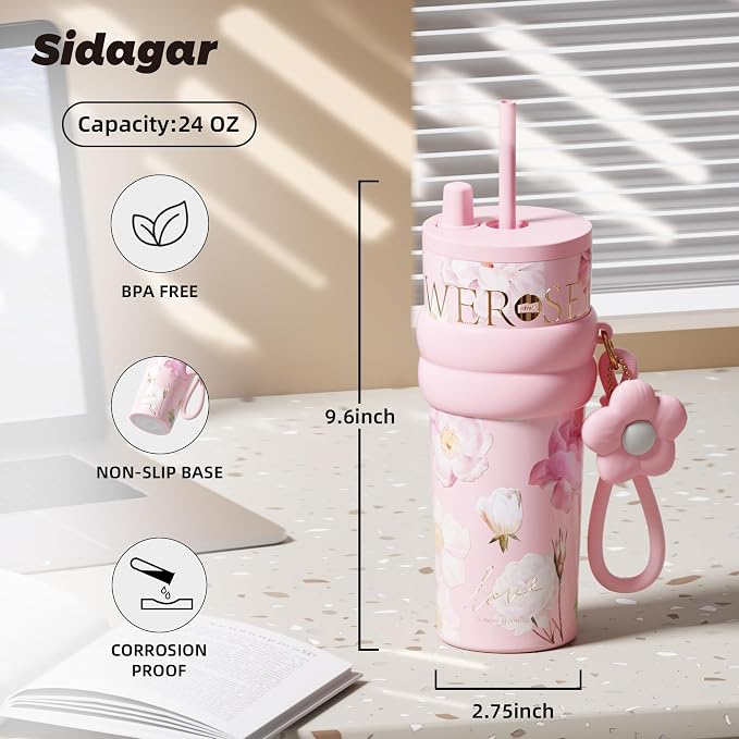 24 oz Stainless Steel Tumbler with Lid and Straw, Insulated Coffee Mug, Leak Proof, Portable Iced Travel Water Bottle, Reusable Thermal Coffee Cup, Floral Pink