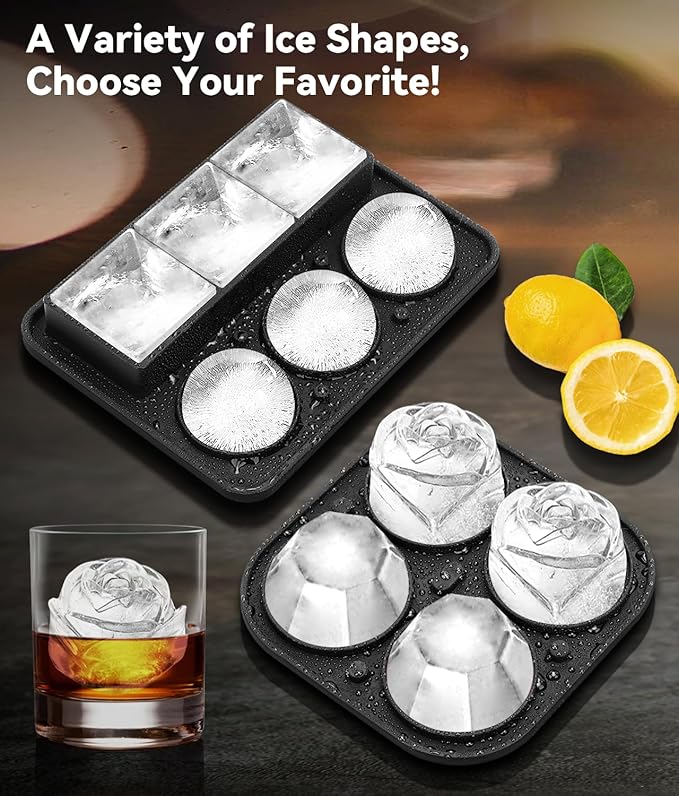 Ice Cube Tray with Lid, Silicone Ice Molds with Round, Square, Diamond, Rose, Large Ice Cube Mold for Whiskey, Bourbon, Cocktails, Easy Release BPA Free, Set of 2