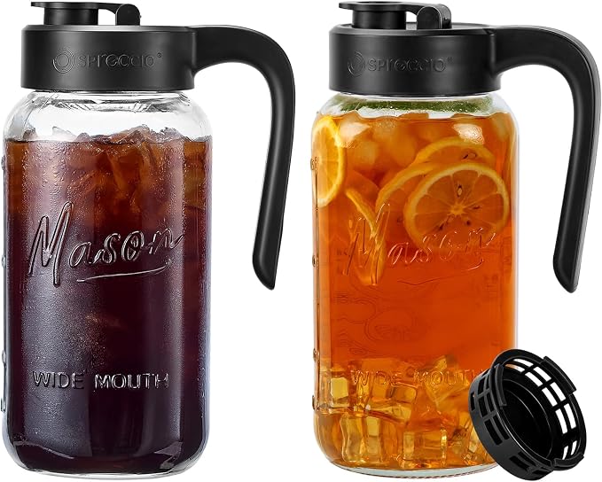 Mason Jar Pitcher - Airtight & Leakproof Glass Pitcher with Lid, Perfect for Breastmilk, Cold Brew, and Sun Tea, 2 Quart (64 oz) Mason Jar with Pour Spout Lid