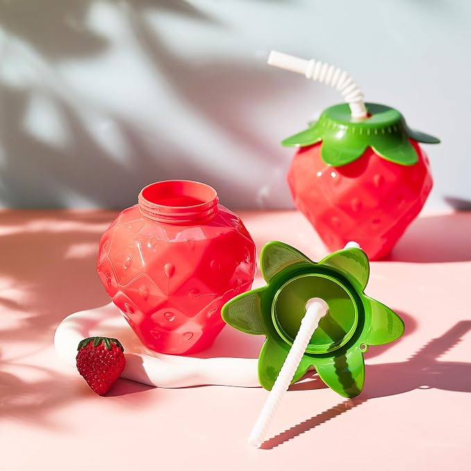 Havawish 12 Pcs 17oz Strawberry Shaped Cups with Lids and Straws, Reusable Spill Resistant Plastic Cute Drinking Cups Strawberry Water Bottles for Birthday Party Summer Gathering Girl Women Daily Use