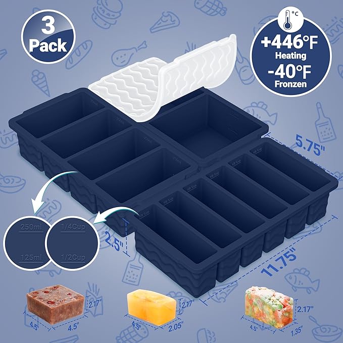 3-Pack Silicone Freezer Trays with Lid,2 Large 2-Cup(500ml)&4 Medium 1-Cup(125ml)&6 Small 1/2-Cup(75ml) Soup Freezer Container Molds,Ice Cube Tray For Meal Prep&Freezing Soup,Stews,Sauces