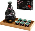 DUJUST 10 pcs Japanese Sake Set with Warmer for 6, Sakura & Fuji Design Porcelain Sake Set, 6 Sake Cups, 1 Bottle, 1 Warmer, 1 Candle Stove, 1 Tray & 1 Box, Warm Sake Carafe, Japanese Gifts - Black