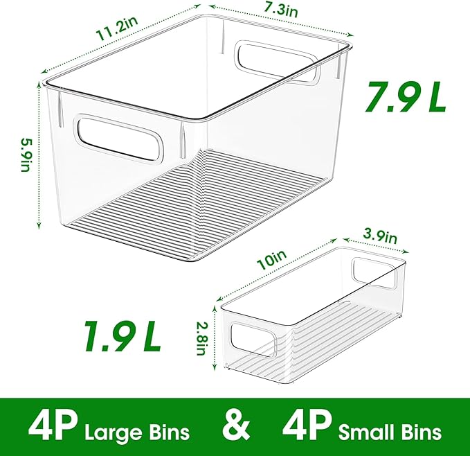8 Pack Clear Plastic Storage Bins with Handles, 4 Large & 4 Small Stackable Organizer Bins for Fridge, Pantry, Kitchen, Non-Slip Bottom Transparent Storage Containers