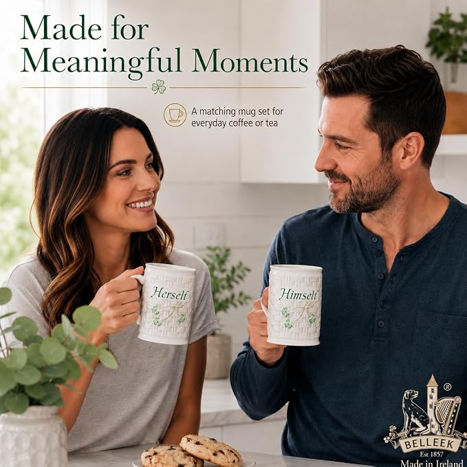 Belleek Classic Himself & Herself 12 oz Irish Coffee Mug Set, Handcrafted Parian China Cups, Shamrock Design, Set of 2, White