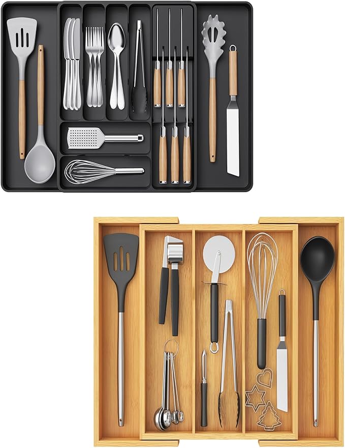 Lifewit Silverware Organizer for Kitchen Drawers, Expandable Cooking Utensil Tray, Adjustable Cutlery and Flatware Holder, Plastic Spoon Forks Holder Storage Divider, Large