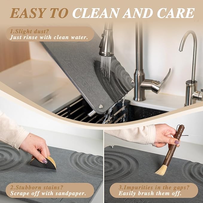 VERIFOST 2025 2PCs Large Drying Stone for Kitchen Counter, Stone Drying Mat for Kitchen Counter, Quick Drying Matt Kitchen Counter, Diatomaceous Earth Dish Mat with Non-slip Feet Midnight Gray