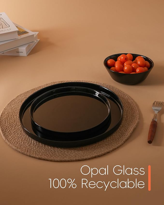 LaGlint Dinnerware Sets for 4, Black 12 Pieces Opal Glass Plates and Bowls Set, Dishwasher and Microwave Safe Dish Dinning Ware, Chip and Scratch Resistant Dishware