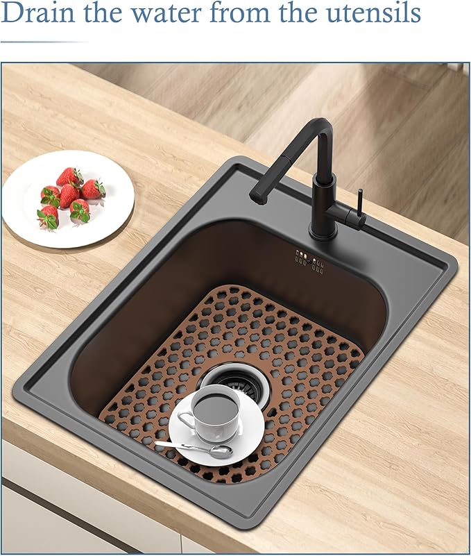 Silicone Sink Protector for Kitchen Bathroom Sink, 2 Pack 13.58"x 11.6" Heat-resistant Mat, Non-Slip and Durable Silicone Protectors, Center Drain (Coffee)