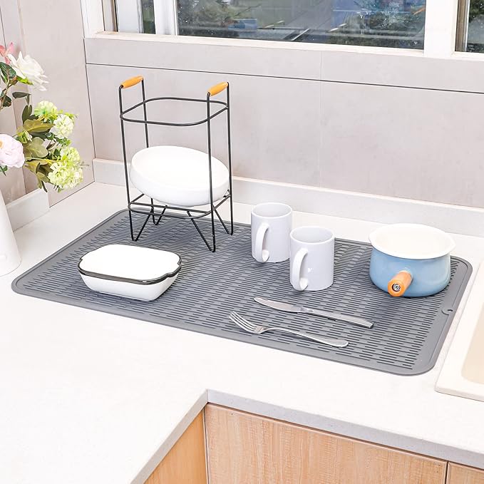MicoYang Silicone Dish Drying Mat for Multiple Usage,Easy clean,Eco-friendly,Heat-resistant Silicone Mat for Kitchen Counter or Sink,Refrigerator or Drawer Liner Grey 4XL 32 inches x 18 inches