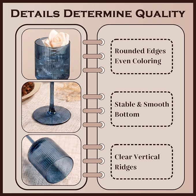 Midnight Blue Colored Square Wine Glasses Set of 6, Ribbed Design Blue Crystal Glassware with Long Stem, 11.5oz Hand Blown Red & White Wine Stemware For Home Dinner Party Wedding Housewarming Gift