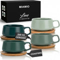 MIAMIO – 11 Oz., Set of 4 Ceramic Tea Cup and Saucer Bamboo/Tea Mug - Wide Cappuccino Cup, Coffee Cups Ceramic Mug for Cappuccino, Latte, Espresso & Americano - Luxe Collection (Evergreen)