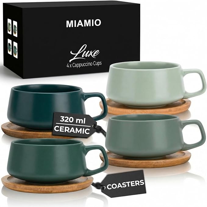 MIAMIO – 11 Oz., Set of 4 Ceramic Tea Cup and Saucer Bamboo/Tea Mug - Wide Cappuccino Cup, Coffee Cups Ceramic Mug for Cappuccino, Latte, Espresso & Americano - Luxe Collection (Evergreen)
