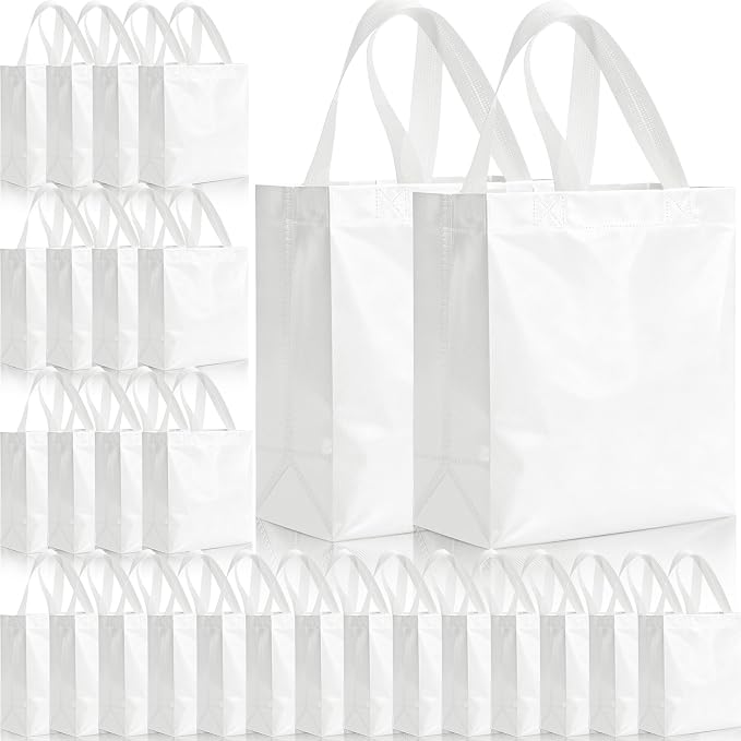 Eccliy Reusable Gift Bags Set Glossy Grocery Gift Tote Bag with Handle for Wedding, Bridal Shower, 4th of July, Summer Event(10 x 8 x 4.7 Inch,White,80 Pcs)